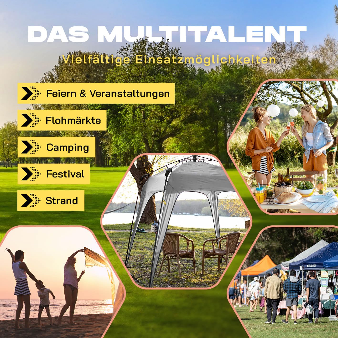 Lumaland Outdoor Pavillon 2,5 x 2,5m | Wasserdicht & UV-Schutz | Gartenzelt inkl. 1x Seitenteil & Tasche & Heringe | Robuster Camping & Partyzelt | Pop Up Zelt Aufbau in 2 Minuten [Hell-Grau]