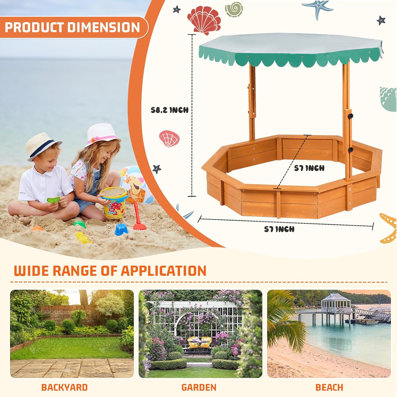 ISBA Sandbox with Lid Wood Sandbox with Cover,Toddler Sand Boxes with Canopy for Backyard Garden Octagonal Outdoor Playhouse with Adjustable Lid for Aged 3-9 Years Old