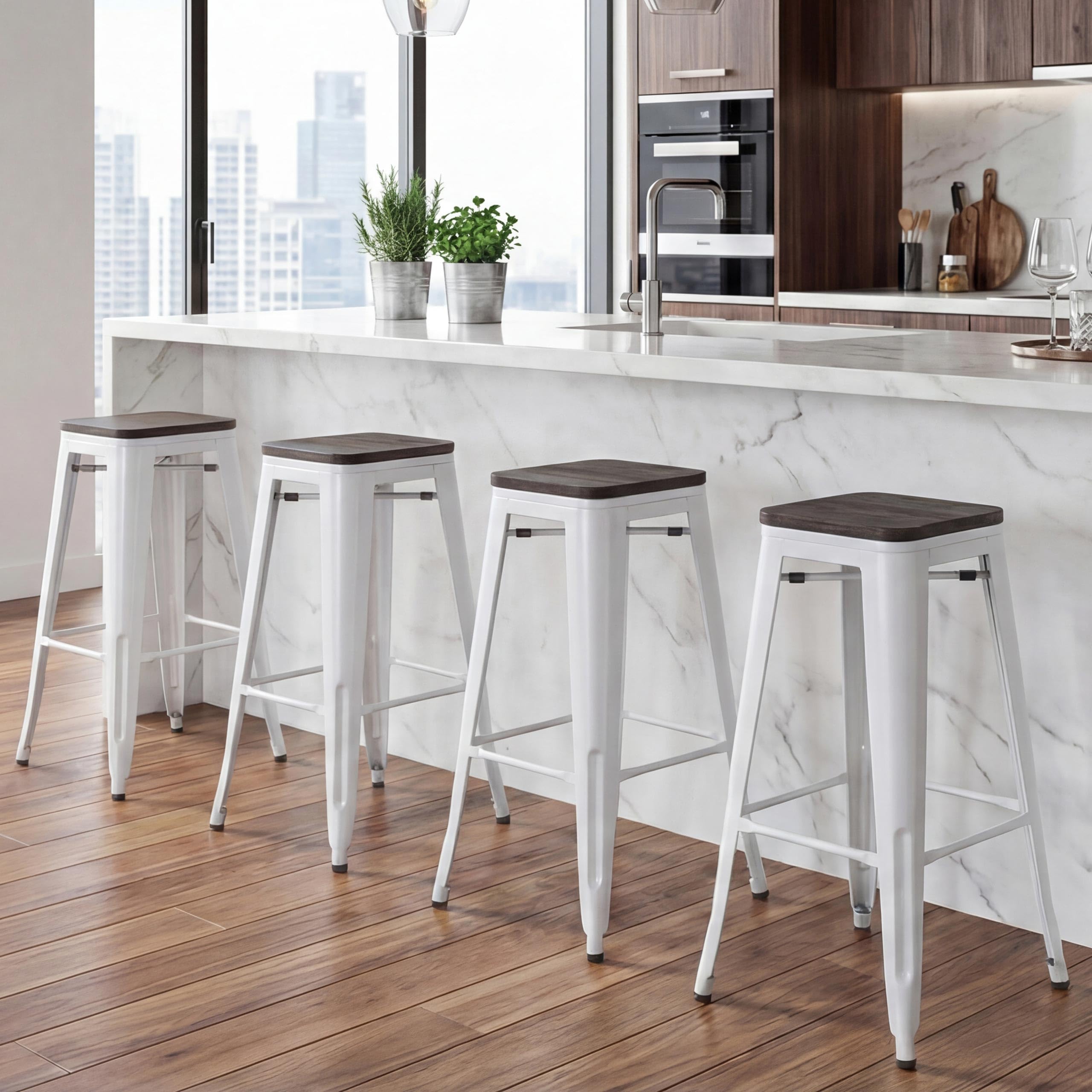 Mendler HWC-A73 - Taburete de bar (4 unidades, incluye asiento de madera, taburete, diseño industrial, apilable), color blanco
