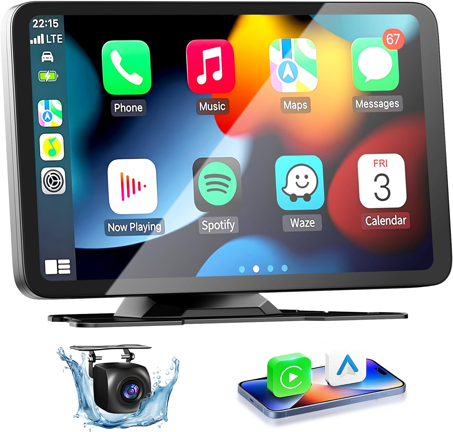 Car Screen with A-pple CarPlay and Android Auto Wireless with Rear Camera – HD 7 Inch Carplay Screen with Mirror Link – Portable Bluetooth 5.0 Car Radio with Voice/FM/AUX Assistance