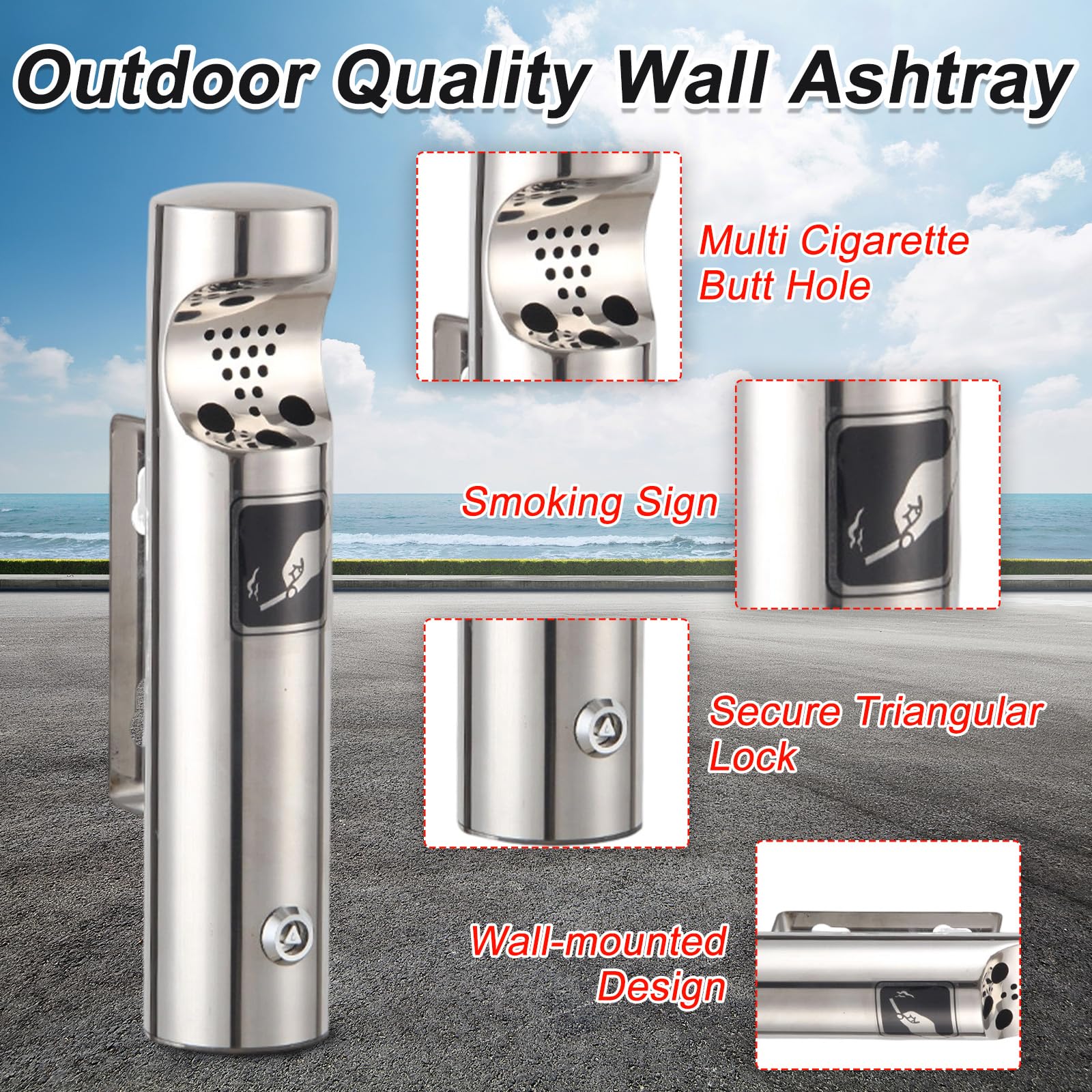 2 ceniceros de pared para exteriores de acero inoxidable, cenicero de pared público con cerradura, resistente a la intemperie, cenicero tubular montado en la pared para restaurantes, oficina, hotel