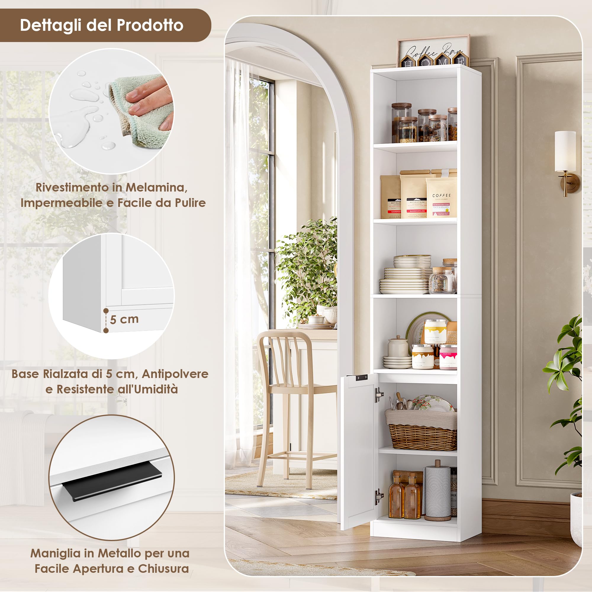 FirFurd 186,4cm Libreria Verticale, Libreria Salvaspazio a 6 Ripiani Bianco | Vetrina Espositiva a 4 Scomparti Aperti,Librerie Stretta,per Appartamenti Piccoli,Soggiorno,Studio e Ufficio,35x24x186,4 cm