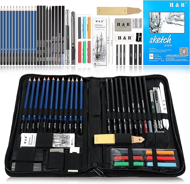 Sketch Pad and Pencil Set 48-Pieces,Drawing Sketching Pencils Set with Sketch Book Artists Drawing Kit with Graphite Pencil, Rubber and Sharpener Set of Art Kit and Supplies for Kids and Adults