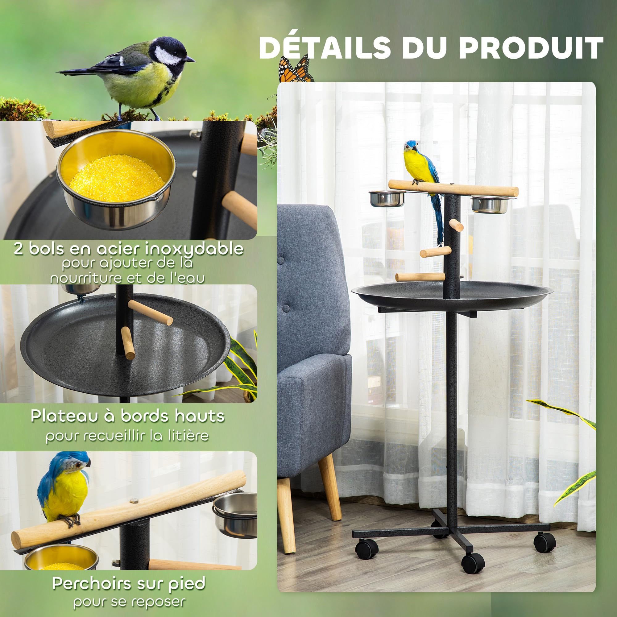 PawHut Perchoir Perroquet Mangeoire à Oiseaux sur Pied Ø 60 x 111 cm Gris | 4 Roulettes, Barres en Bois, 2 Mangeoires en Acier Inoxydable, Plateau Rond à Bords Hauts