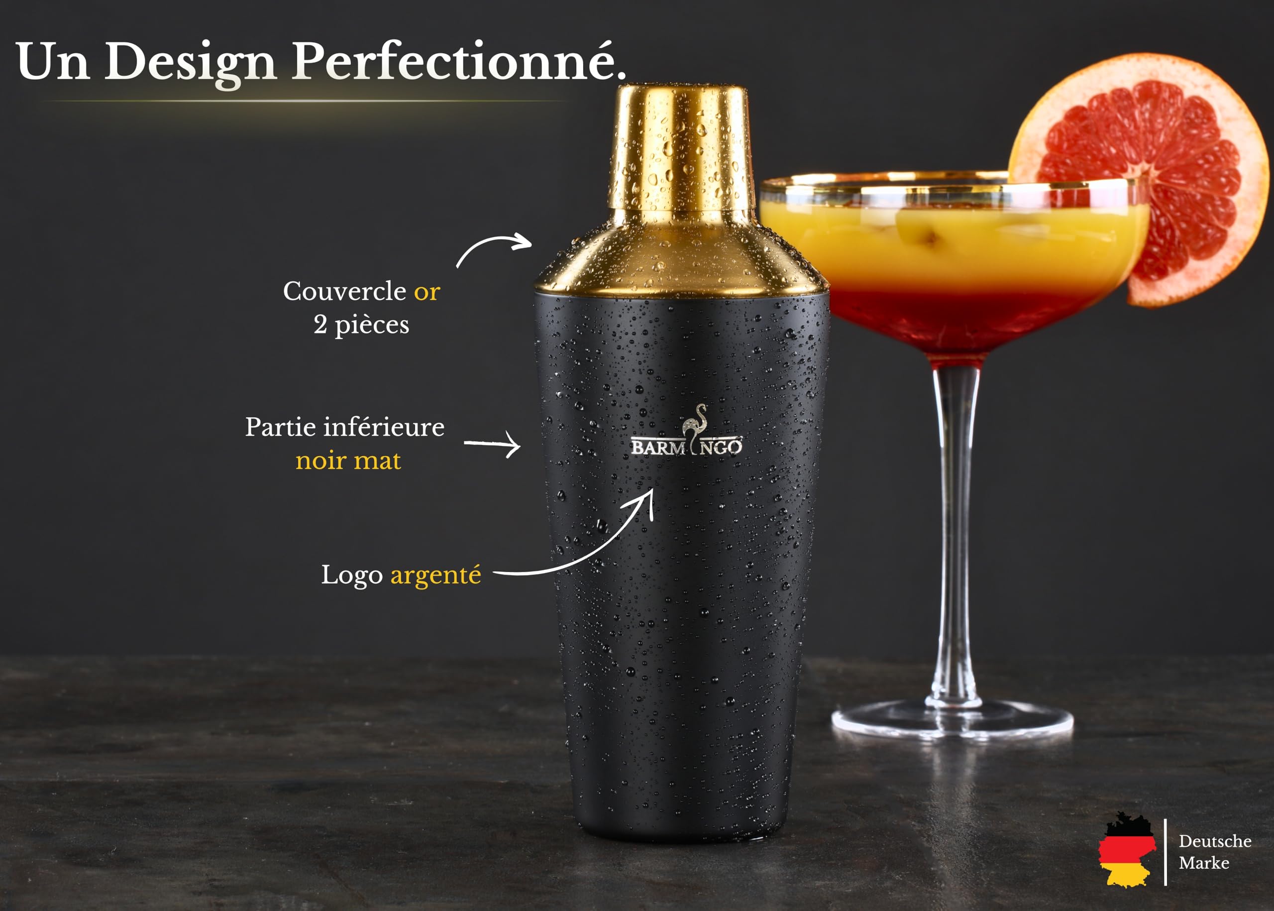 Shaker Cocktail Kit | 11 Pièces, Volume de 700 ML, Noir - Or | Shaker Cocktail INOX avec Support et Accessoires de Bar | Set Barman Cocktail Shaker | Kit Cocktail Professionnel