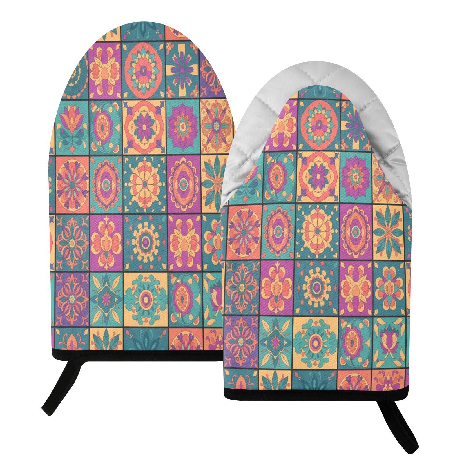 BURSTDDY Floral Check Oven Mitt,Heat Resistant Kitchen Mitts for Cooking