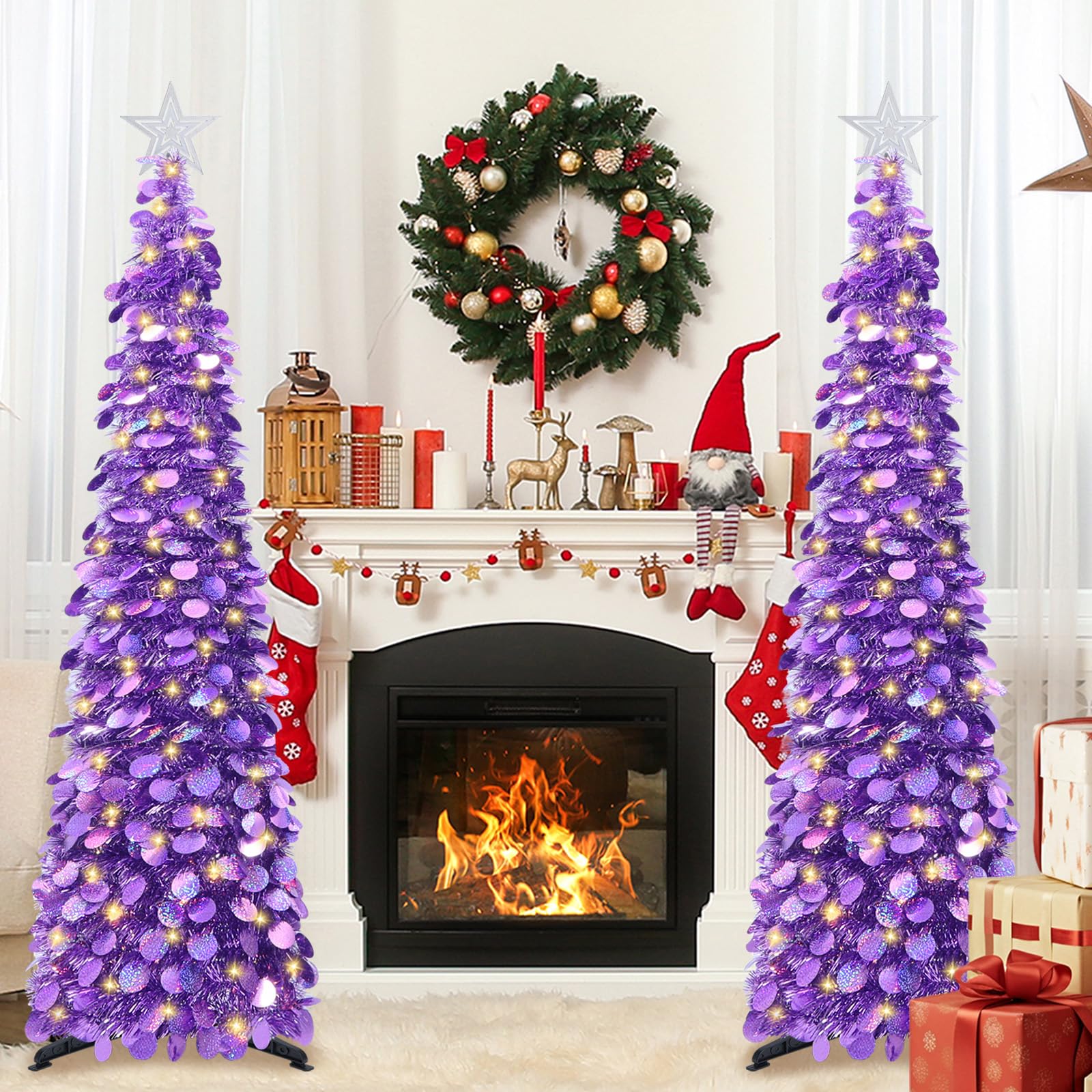 HMASYO Sapin de Noël pop-up de 1,5 m avec lumières minuterie, sapin de Noël artificiel pliable pour intérieur, maison, appartement, porche, décorations de fête de vacances - Violet