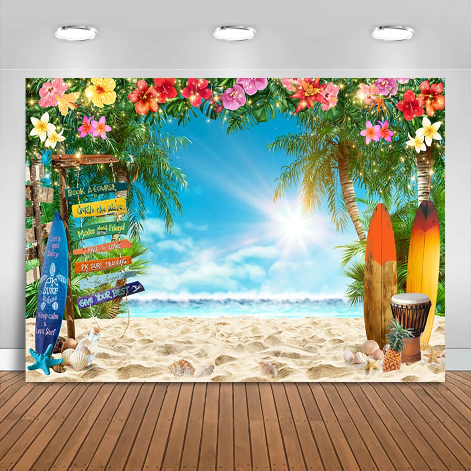 3x2m Telón de Fondo Playa Verano Tropical Palm Tree Flor Tabla de Surf Street Sign Azul Cielo Fotografía Fondo Boda Cumpleaños Hawaiian Luau Aloha Fiesta Decoraciones Photo Booth Props