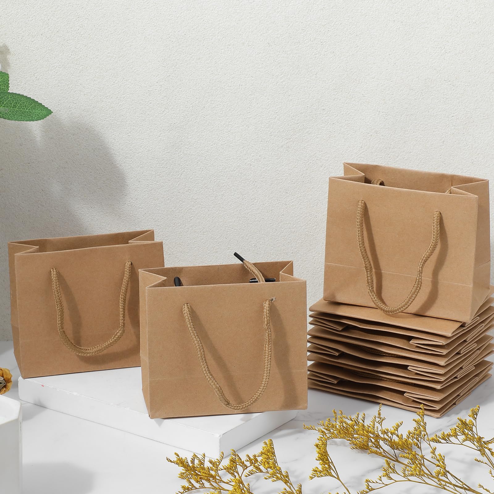 Caeuiciw 40 Pcs Brown Mini Gift Bags with Handle Gift Card Bags Bulk Extra Small Paper Party Favor Boxes Tiny for Christmas Wedding Baby Shower Birthday Wrapping Supplies, 4.7 x 3.9 x 2.3 Inches