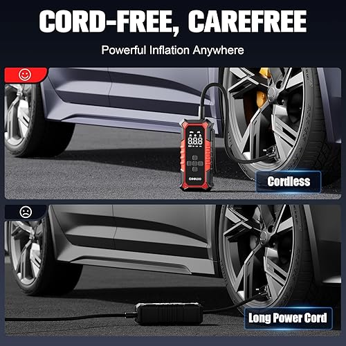 Miniatura 7 de GOOLOO Inflador de neumáticos A6 Compresor de aire portátil, inflador de neumáticos inalámbrico de 160 PSI con manómetro digital y luz LED, bomba de