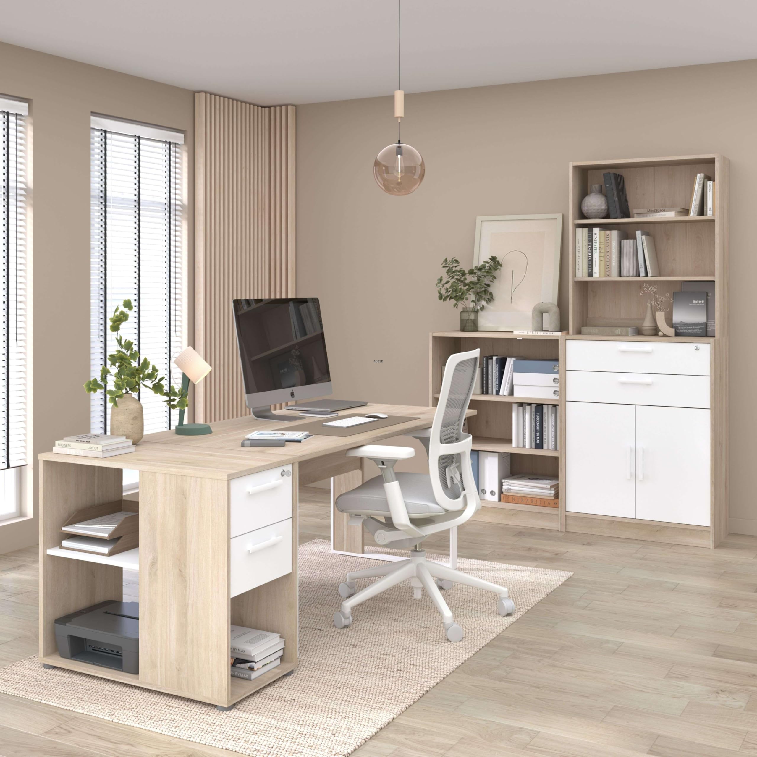 Miroytengo Pack Muebles de Oficina Veltis, Escritorio, Cajonera, Armario Bajo, Estantería Alta Color Blanco y Roble Japonés