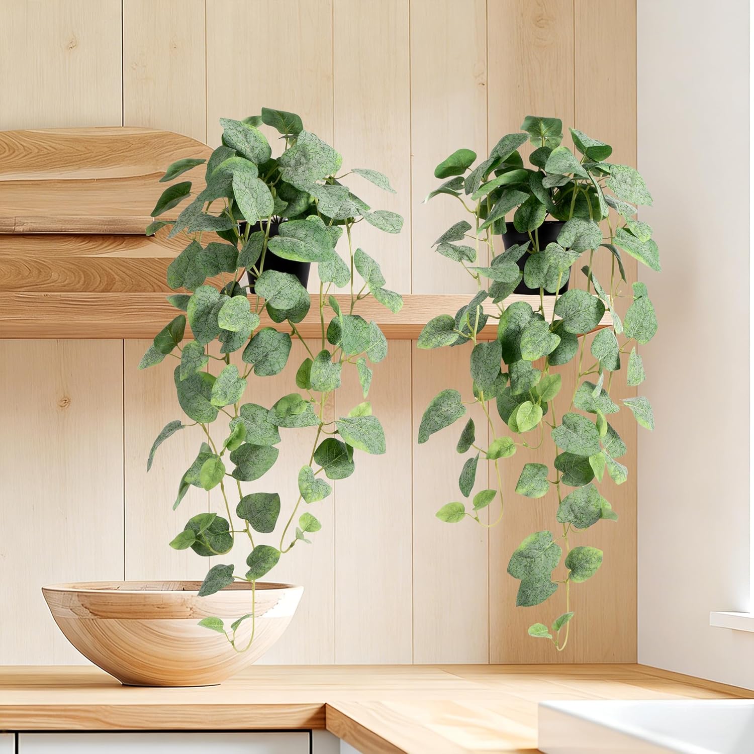 Artificial Plants Indoor - 2Pc Fake Hanging Plants with Pots, Modern Faux Pothos Ivy Plant for Outdoor, Artificial Silk Plant Greenery for Home Window Shelf Decor, White Green 33In