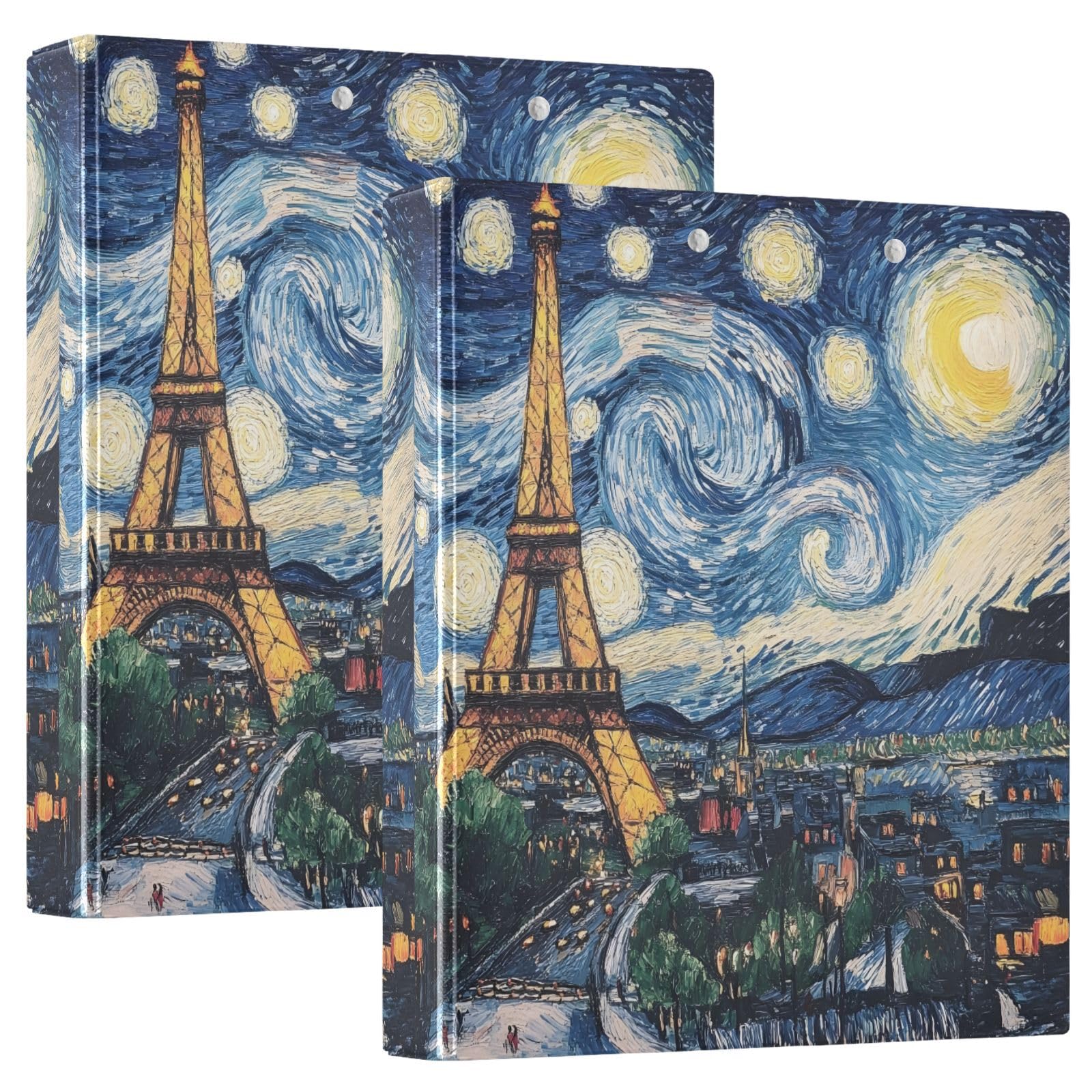 Confezione da 2 raccoglitori ad anelli, motivo Parigi Eiffel, notte stellata, con portablocco, grandi raccoglitori a 3 anelli, per scuola, università, ufficio