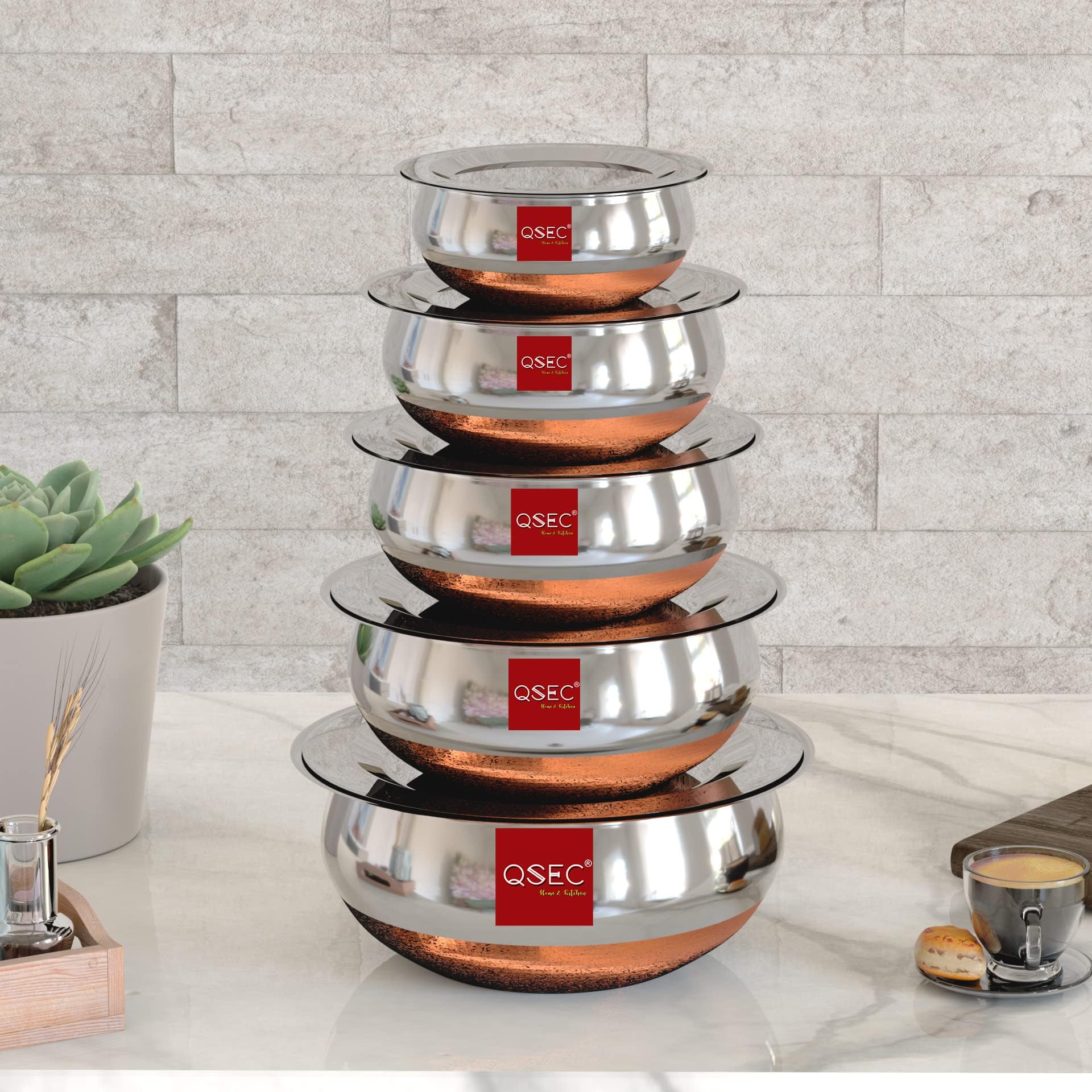 Qsec Stainless Steel Copper Bottom Handi with lid - Kitchen Serving & Cookware Bowl Cooking Bowl | Handi Set 5-Pieces | Biryani Handi Set