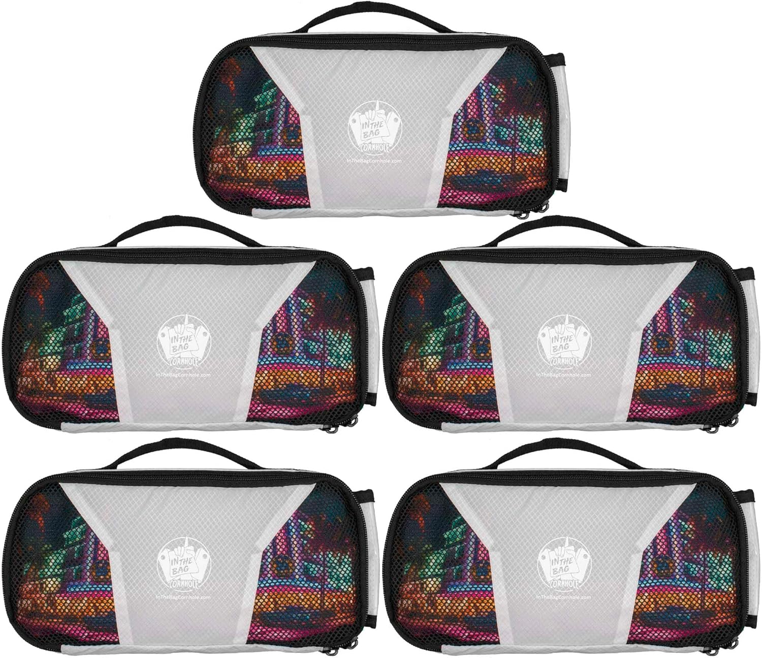 Cornhole Bag Pouch (5-Pack of White Color) | Carry Case for 1 Set of 4 Cornhole Bags - Reusable Label - Mesh Ventilation