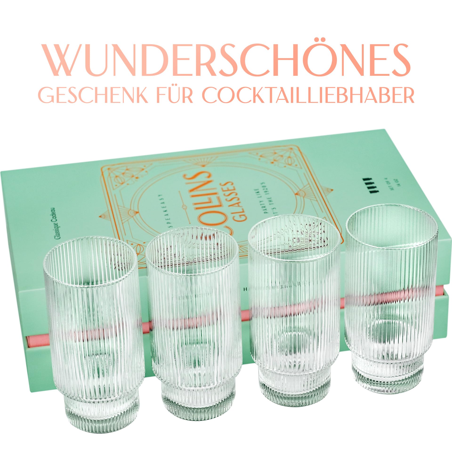 GLASSIQUE CADEAU Vintage Art Deco Collins Gin Longdrink Gerippte Cocktailgläser | 4er Set | 400 ml Schmale Hohe Geriffelte Highball Longdrink Gläser für Mojito Cocktails