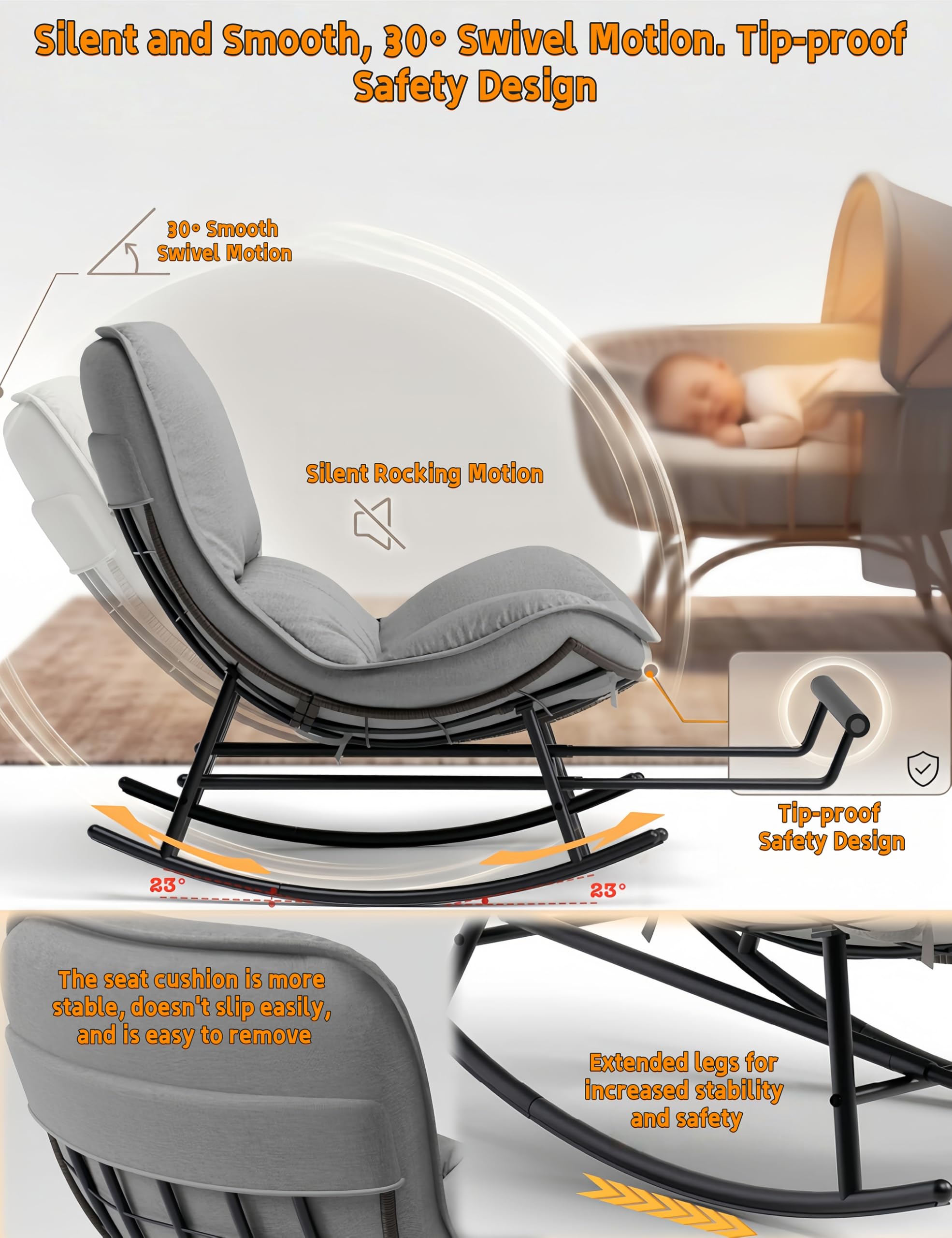 Mecedora con Extensible Reposapiés & Cojín Extraíble, Sillón Mecedora Relax Ergonómico, Carga 200KG Extragrande, Rocking Chair Ratán Resistente Intemperie para Interior y Exterior, Jardín, Salón