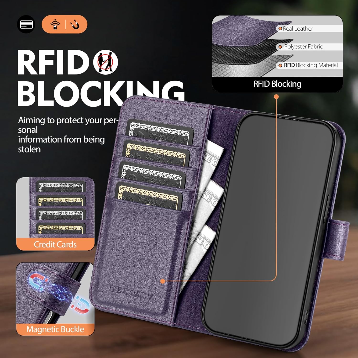 Compatible with iPhone 17 Genuine Leather Case Wallet with Card Holder,Women Men Real Leather Flip Folio RFID Blocking Credit Card Slots Stand Phone Cover,for Apple 17 6.3",Purple - Image 2