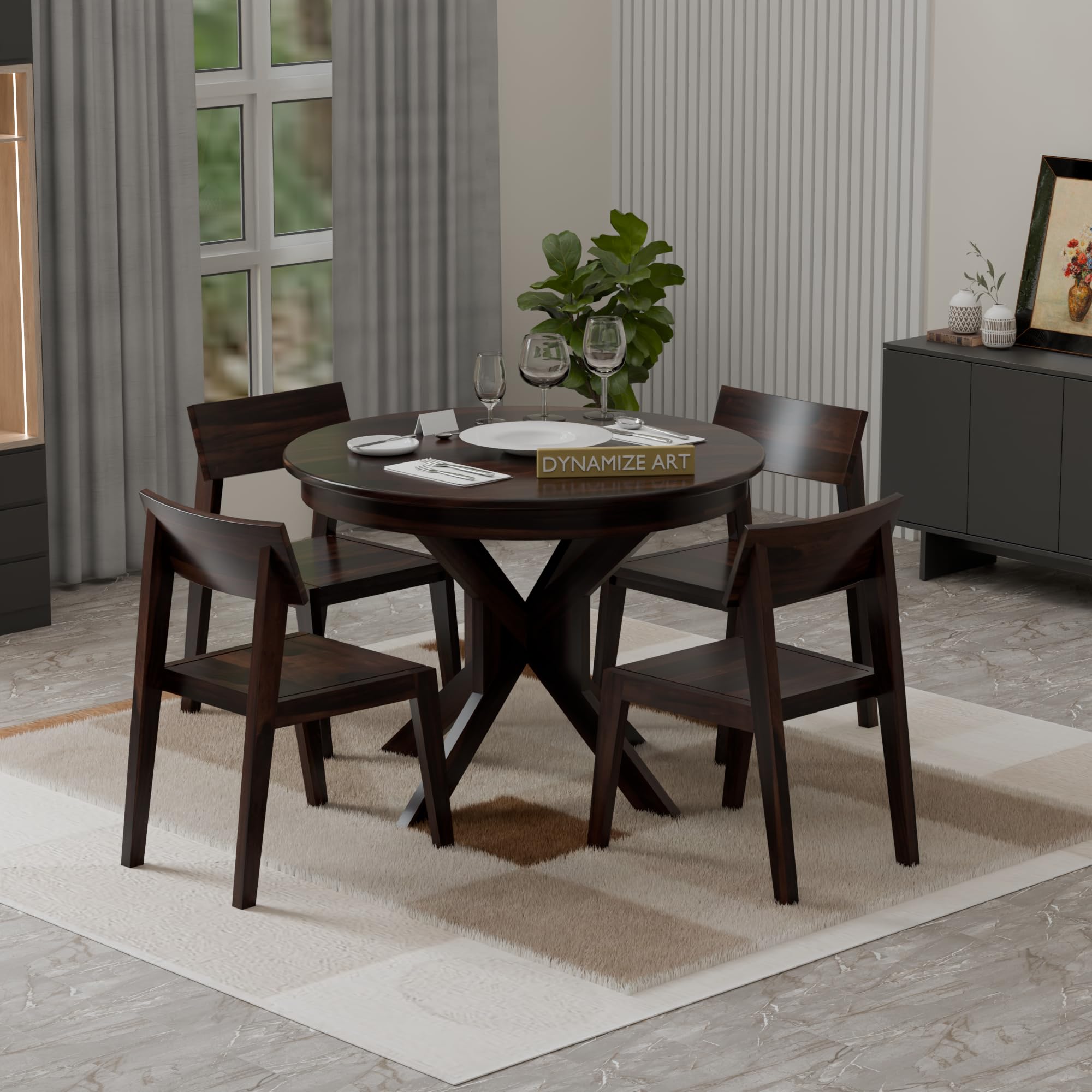 Dining Table Set of 4, Wood Round 4 Seater Dining Table with Chair || Wooden Round Dining Table 4 Seater for Living Room || Folding Dining Table || Dining Room Furniture || Walnut Finish-picture-10