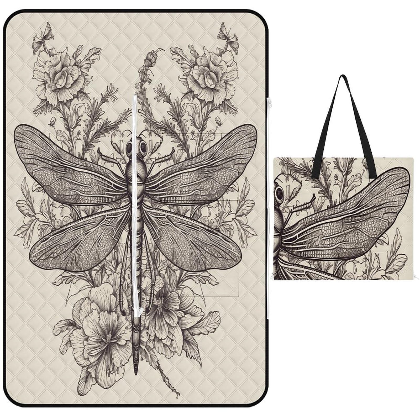 Hand Drawn Floral Dragonfly Picnic Mat 150x100cm Extra Large Picnic Blanket with Zipper Waterproof Sandproof Beach Blanket Portable Beach Mat Foldable Camping Blankets for Park Grass Lawn Travel