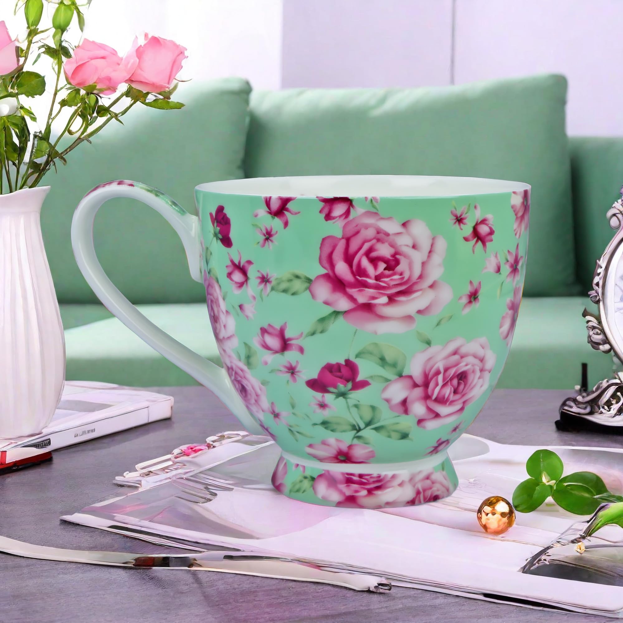 Tazas de café de porcelana de hueso de 16 onzas para mujer, tazas de café y té, tazas de café novedosas, regalo para mujeres, mamá, amigas (rosa verde)