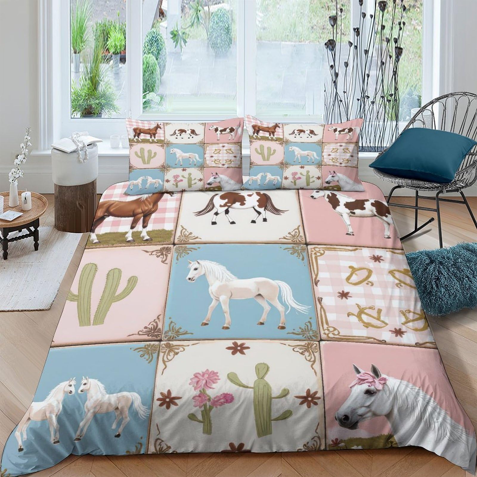 Ctjqhvkz Style-1 3D Printed Western Horse Fitted Sheet Microfiber Soft Colorful Cactus Bed Cover For Bedroom Dorm Mattress Decor Single（135X200cm）