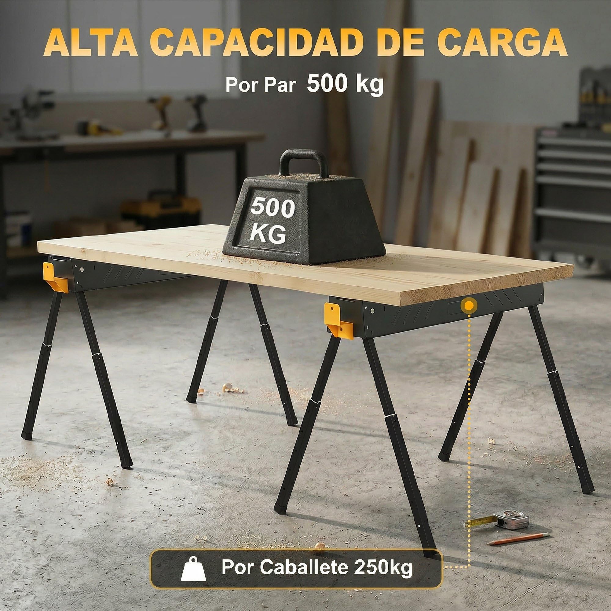 HOMCOM Set de 2 Caballetes para Sierra Plegables, Banco de Trabajo, Altura Ajustable, para Madera 2x4, con Asa, Ganchos, Base Antideslizante, para Carpintería y Bricolaje, Soporta hasta 500 kg, Negro