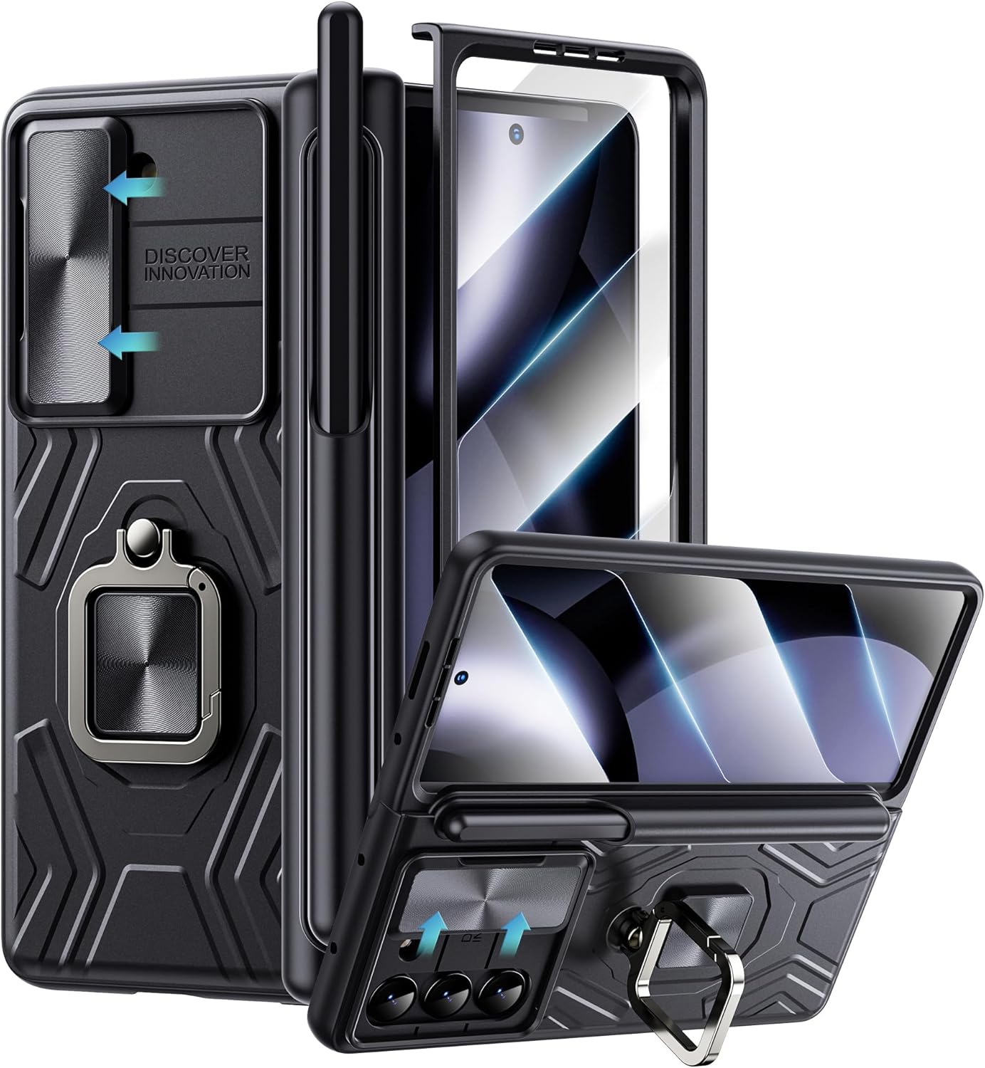 WSKEN for Samsung Galaxy Z Fold 5 Case with S Pen Holder [Hinge Protection][Slide Camera Cover][360° Ring Magnetic Stand][Built-in HD Clera Screen Protector] Heavy Duty Protective Phone Cover,Black