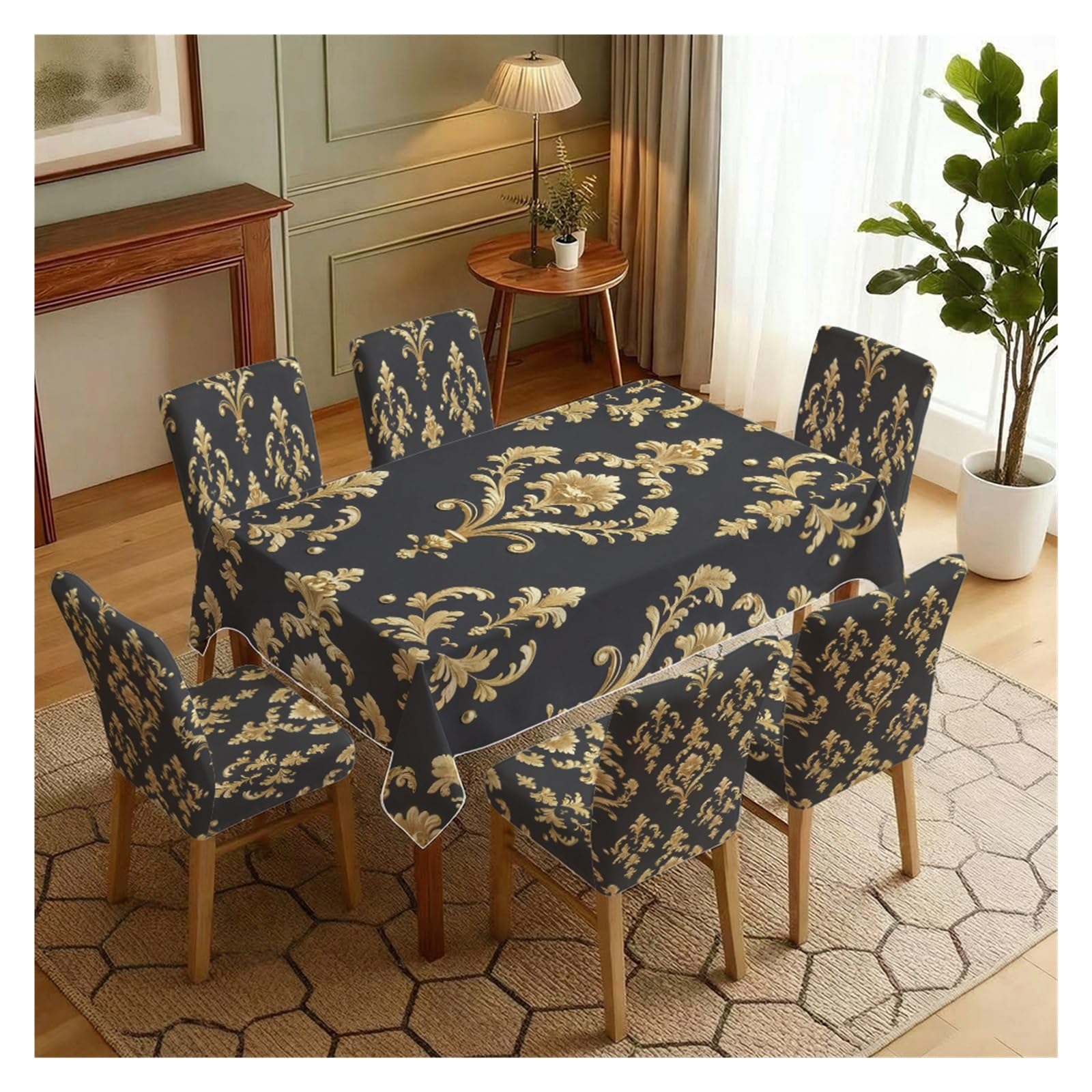 KXUAUV Black Base Gold Baroque Damask Printed Dining Tablecloth & Chair Covers Set, 5/7 Piece Luxury Royal Classic Dining Home Decor Party Decor(7pcs Set: Tablecloth+Chair Covers)