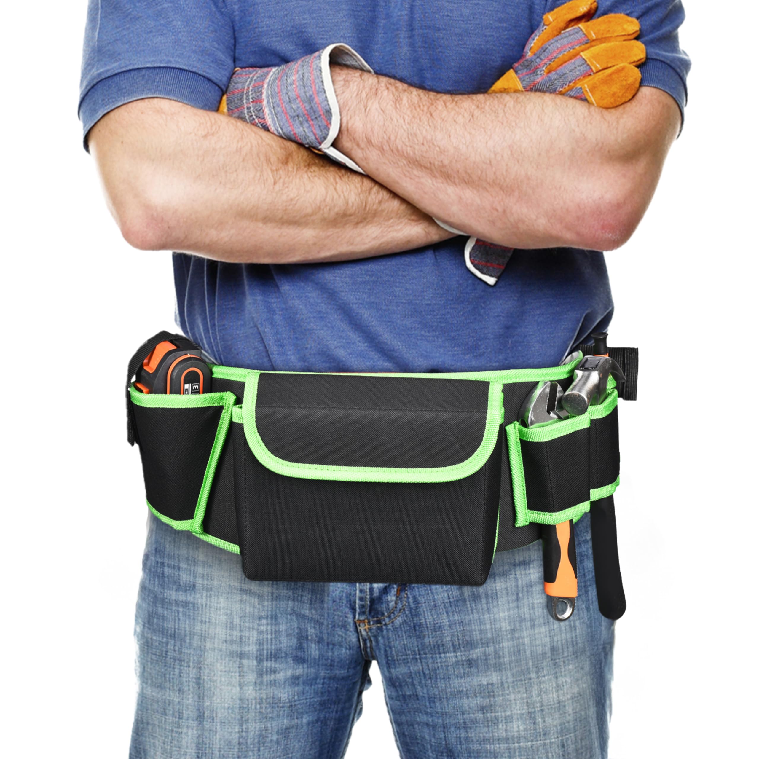 Toolzilla Men's Black & Green Pocket Tool Belt - Construction Belt Bag - Carpenters And Electricians Belt - Heavy Duty Pouch Storage Organiser - Utility Belt Loop Pouches For - Tool Holster For Electrician