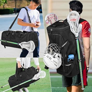 GOBUROS Lacrosse Bag Holds 2 Sticks and Shoes, Lacrosse Equipment Backpack | Lacrosse Coaches Bag Travel Duffle with External Helmet Holder and Multi Pockets for All of Your LAX Gear, Black