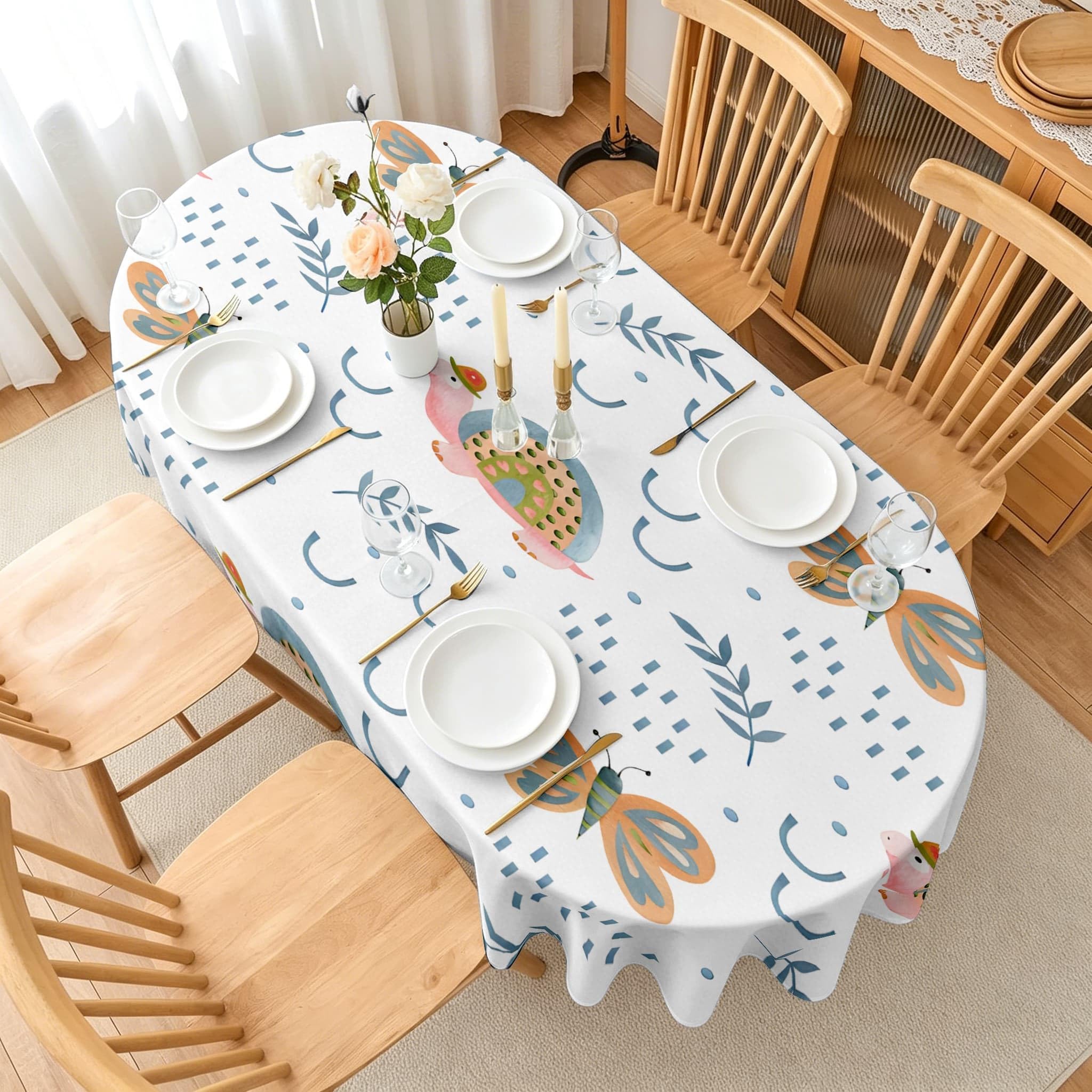 Tischdecke Oval 240x140 cm Wasserabweisend mit Cartoon Schildkröte Motiv | Schmetterling Tischtuch aus Polyester mit Lotuseffekt, Blumenmuster Tischwäsche für Esszimmer, Küche und Garten