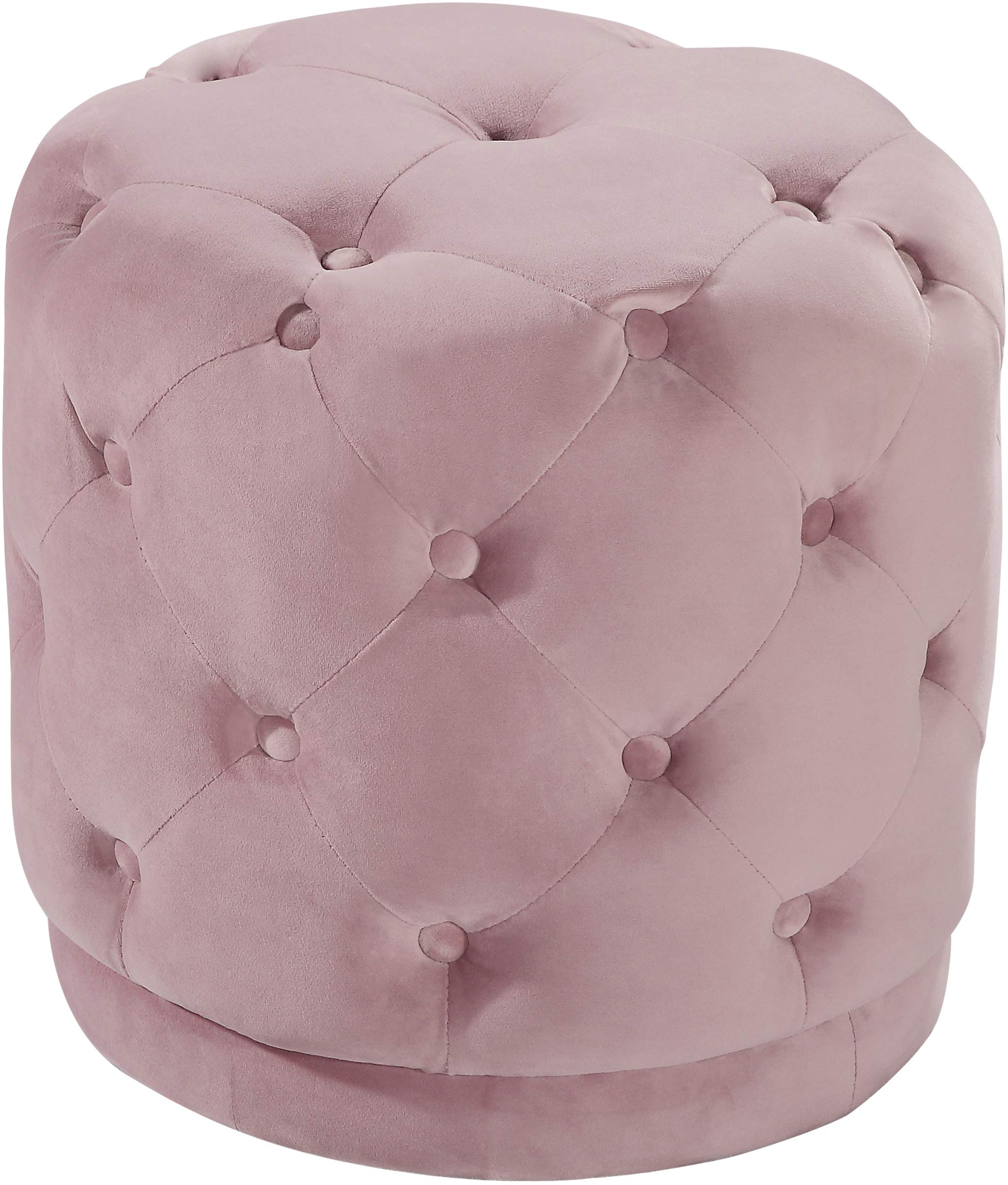 Meridian Furniture Harper Collection Modern | Contemporary Velvet Upholstered Ottoman / Stool with Deep Button Tufting, Solid Wood Frame, Pink, 18" W x 18" D x 17" H