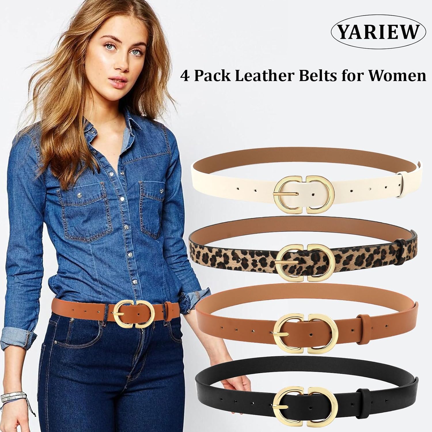 YARIEW 4 Pack Leopard Belts for Women Leather Belts for Jeans Pants Ladies Dress Belt Waist Belt with Gold Buckle - Image 3