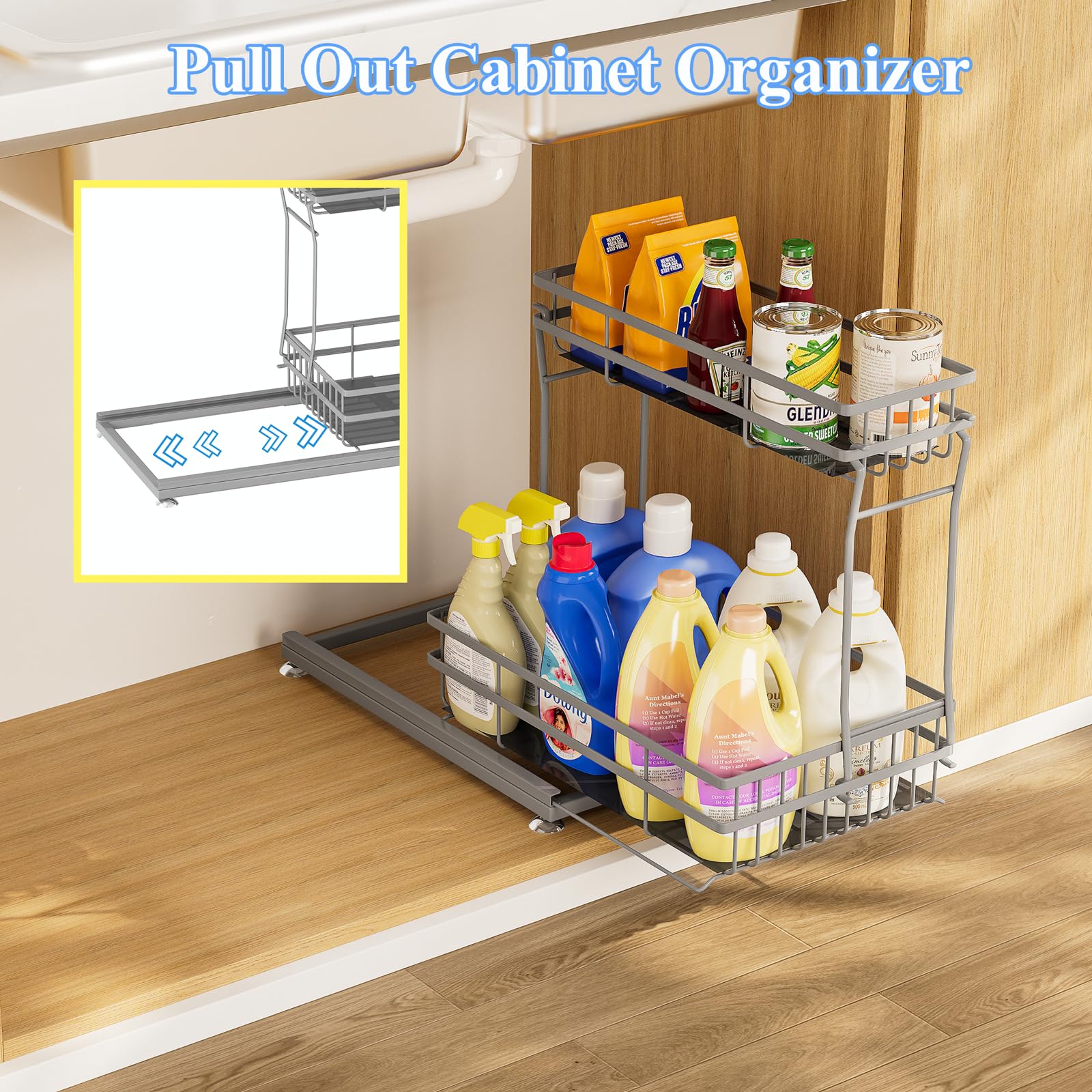 2 Stück Organizer und Aufbewahrung unter der Spüle, 2 Etagen, ausziehbarer Schrank-Organizer, Metallschublade für Küche, Badezimmer, Grau