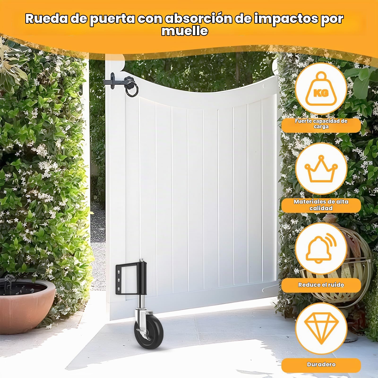 2 Piezas Rueda Puerta 10.2 cm con Freno & Resorte, Ruedas Giratoria Goma Pesadas 360° Capacidad de Carga 100 kg, Rueda Puertas Alta Absorción Impactos Muelle Negro para Portón Madera y Valla Jardín
