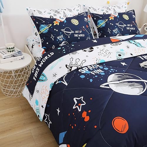 Miniatura 4 de Juego de ropa de cama de 7 piezas de planetas para niños y niñas, edredón tamaño individual, cama en una bolsa, ropa de cama de microfibra para