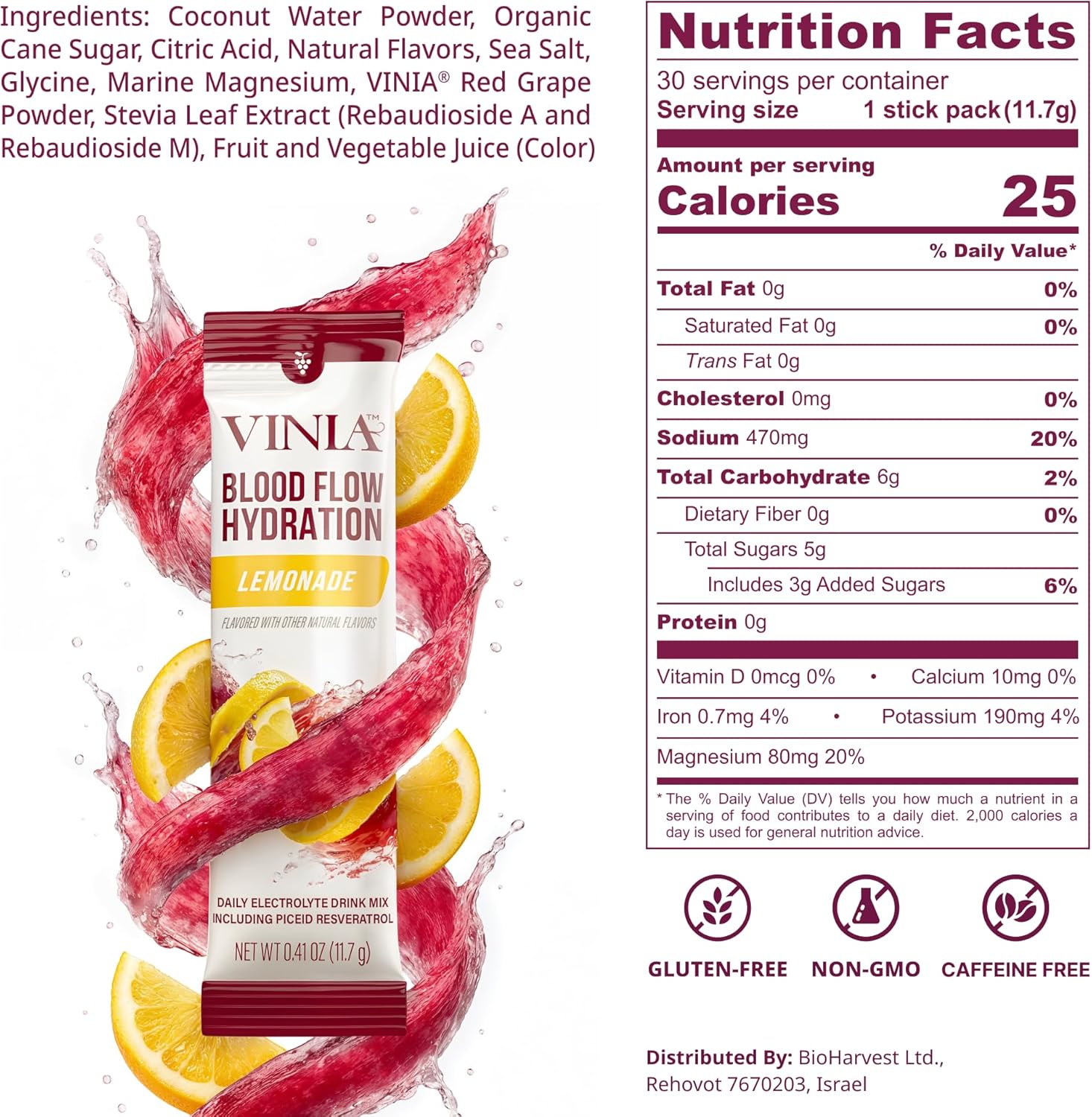 VINIA Resveratrol Electrolyte Hydration Powder Mix, Lemonade | Boost Blood Flow & Circulation | Sea Salt, Coconut Water Potassium, Magnesium, Informed Sport Certified, 30 Sticks - Image 2