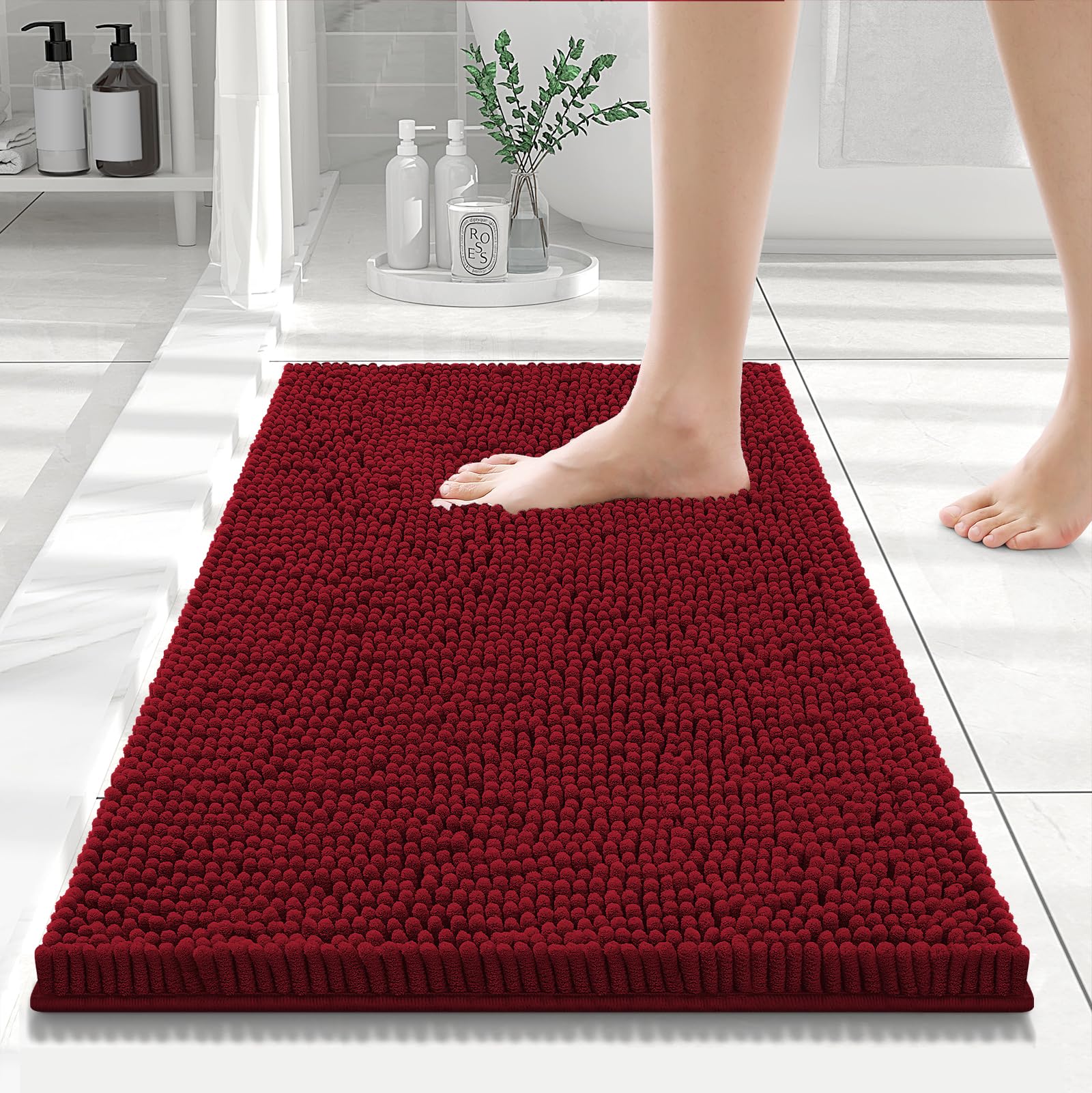 Smiry Luxury Chenille Bathroom Rugs 24x16, Extra Soft and Absorbent Shaggy Bath Mat, Machine Washable, Non-Slip Plush Carpet Runner for Tub, Shower,