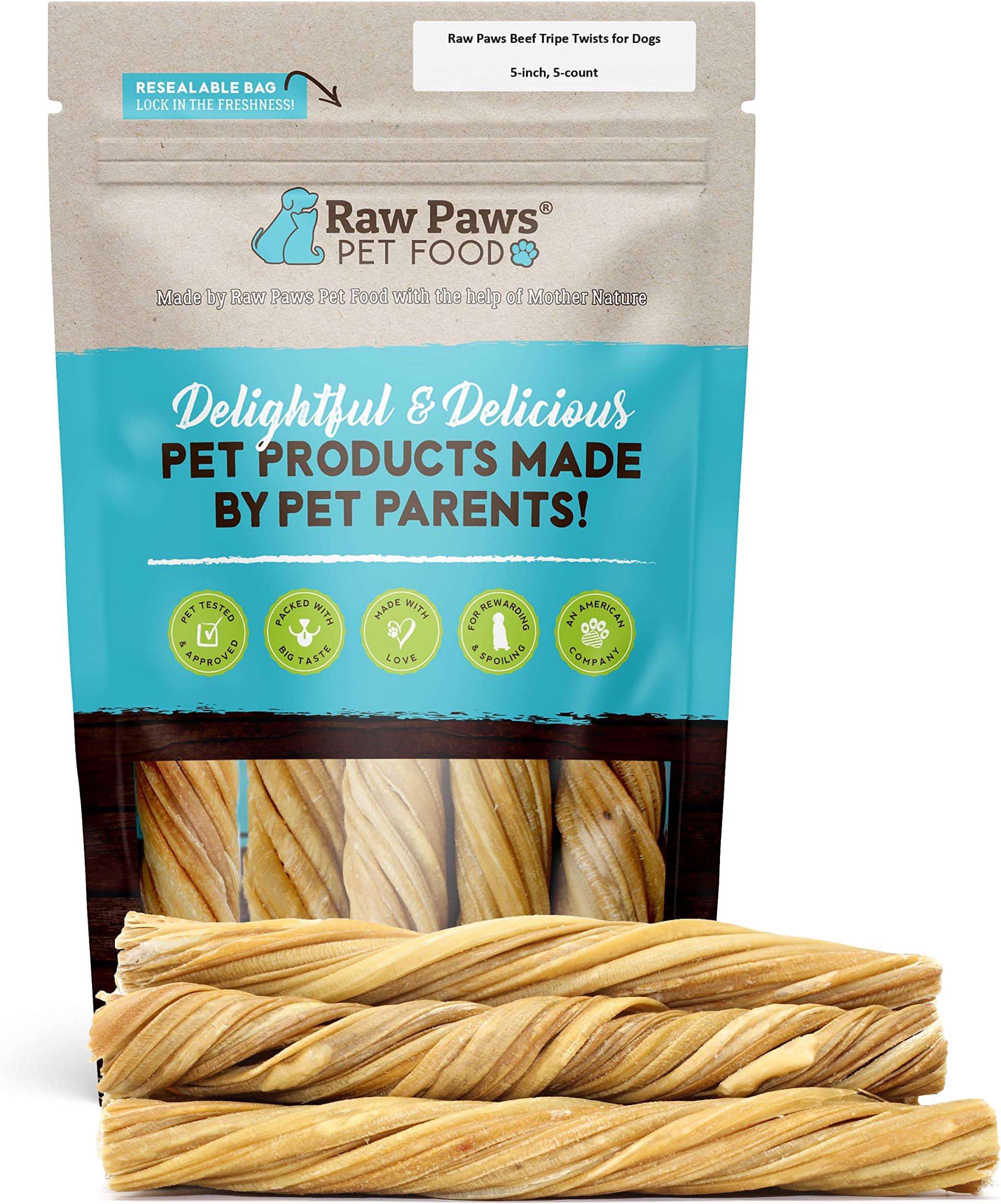 Beef Tripe Twists for Dogs - 5-Inch (5-Count) - Packed in USA - Free-Range Green Tripe Sticks for Dogs - Odor-Free, Crunchy Tripe Dog Treats - All-Natural Green Beef Tripe Sticks Chews
