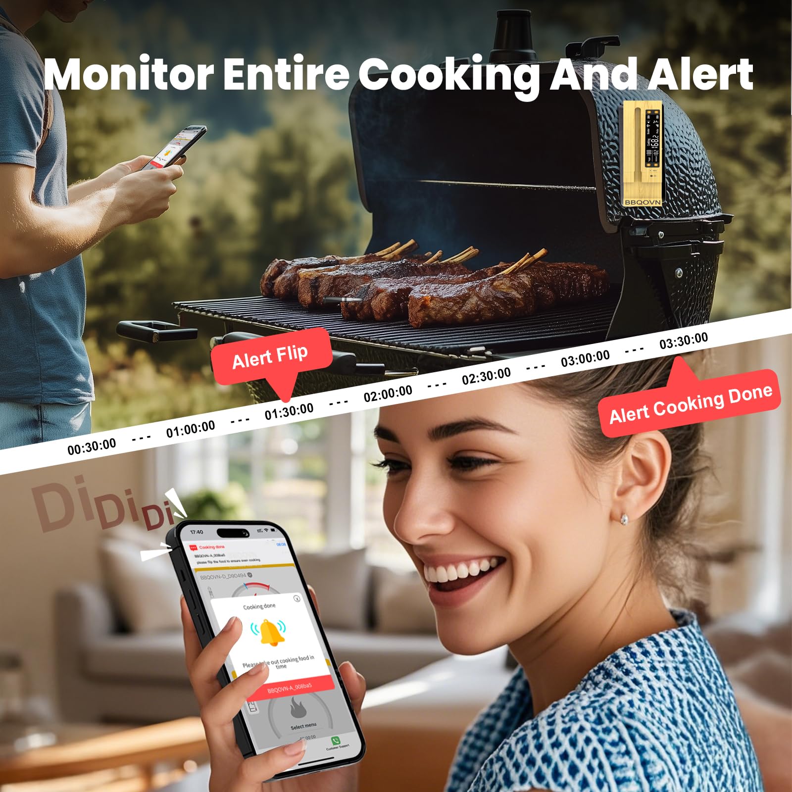 BBQOVN Termómetro inalámbrico WiFi para carne, rango ilimitado (1, negro, pequeño)