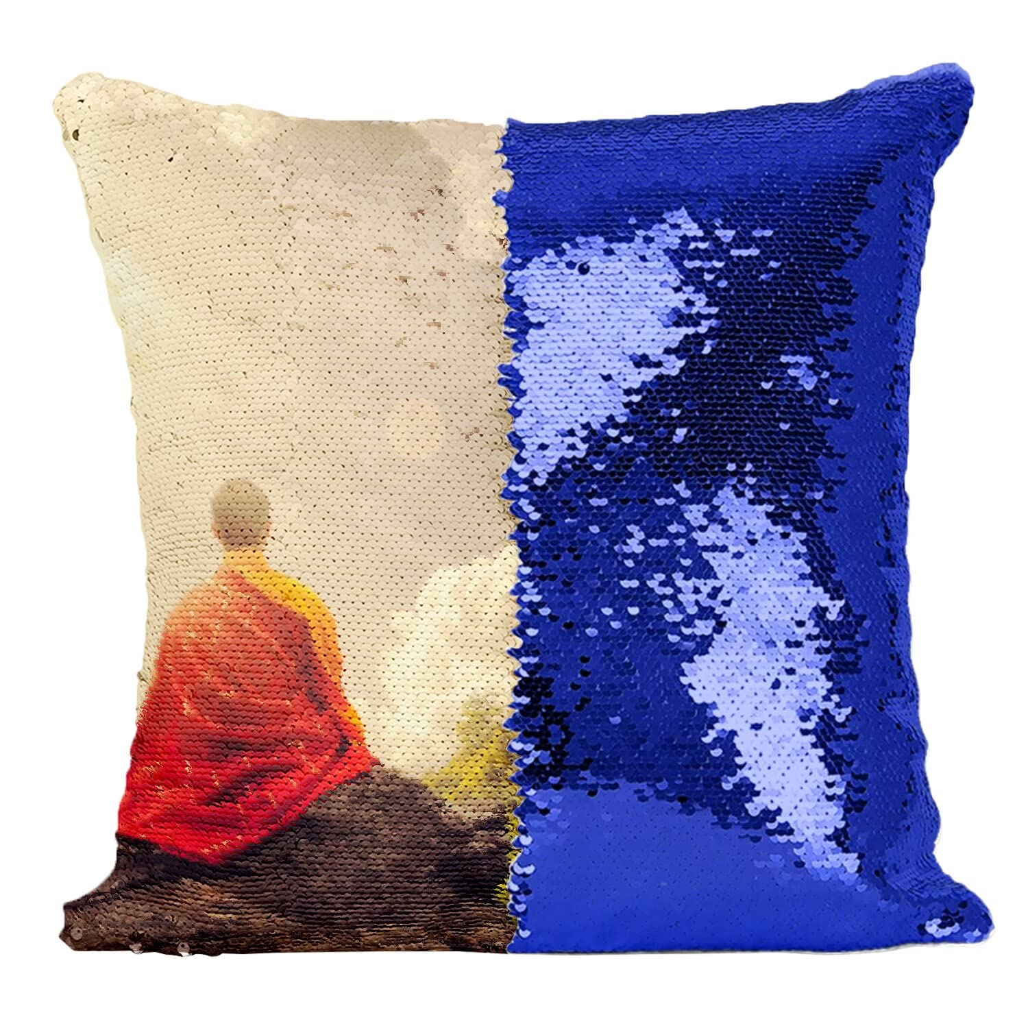Coussin Moine Bouddhiste en sequins réversibles bleu broderie chic decoration zen