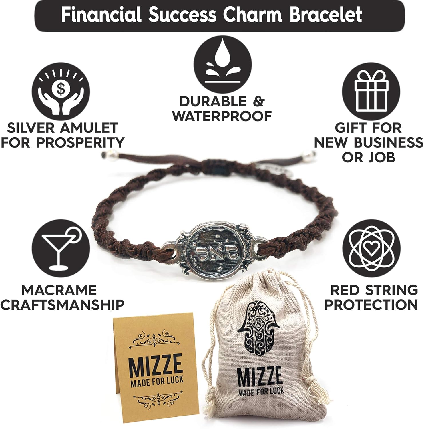 Prosperity 72 Names of God Sterling Silver Charm on Hand Woven Brown Bracelet - Adjustable for Men