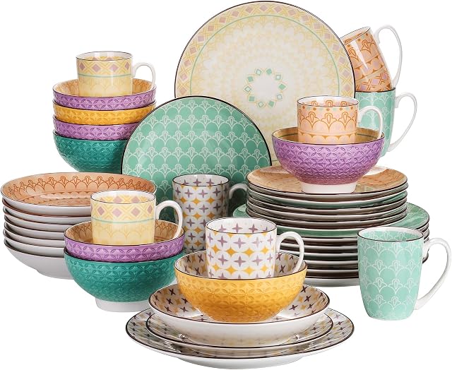 vancasso Tulipanowy zestaw naczyń obiadowych, 40-częściowy porcelanowy zestaw obiadowy, wielokolorowa, japońska zastawa obiadowa, marokańskie naczynia z talerzem obiadowym, talerzem deserowym, miską na musli, miską do