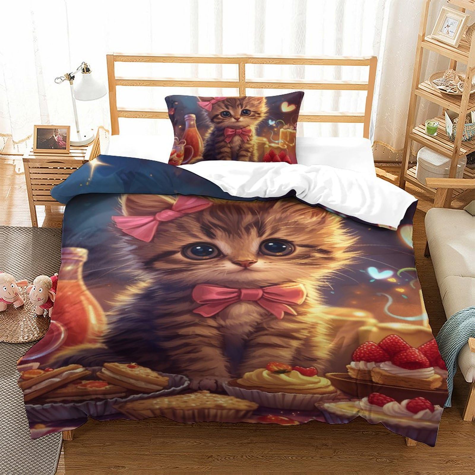 Housse de couette chat mignon 135x200cm pour lit enfant