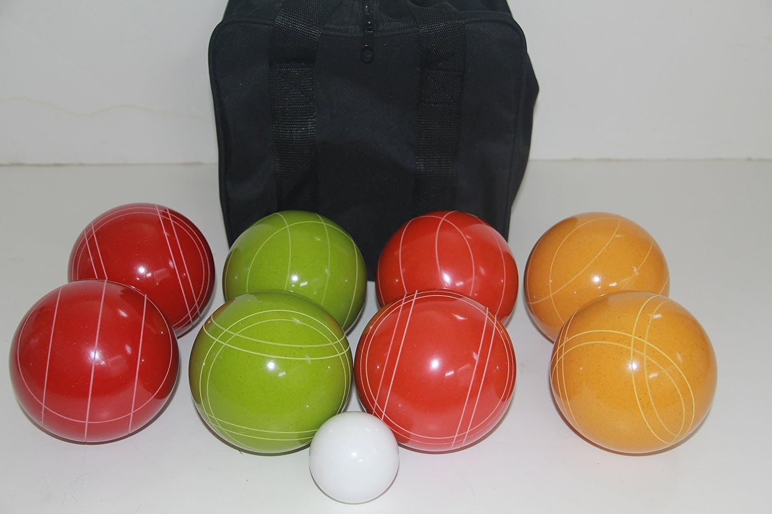 BuyBocceBalls Listing - Made in USA, Premium Quality Tournament Bocce Set - 110mm EPCO Bocce Set, 998 Grams (2 lbs. 3.2 oz.) - Rustic Yellow/Orange/Red/Greenballs and Black Bag