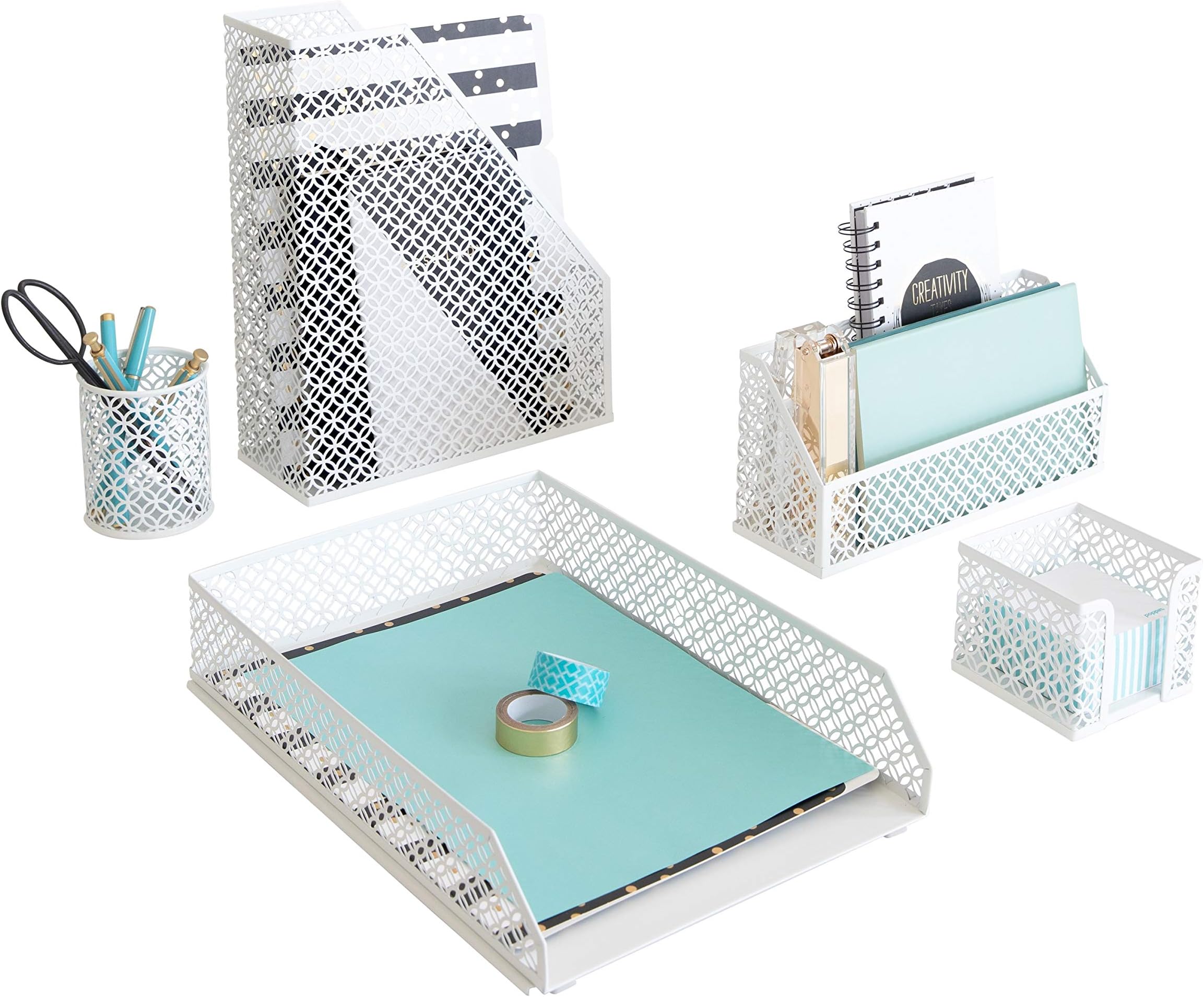 BLU MONACO | White Desk Organizer Set 6 Piece | Mail Sorter Organizer Countertop with Letter Sorter for Desk | Standing File Organizer for Desk with Pen Holders