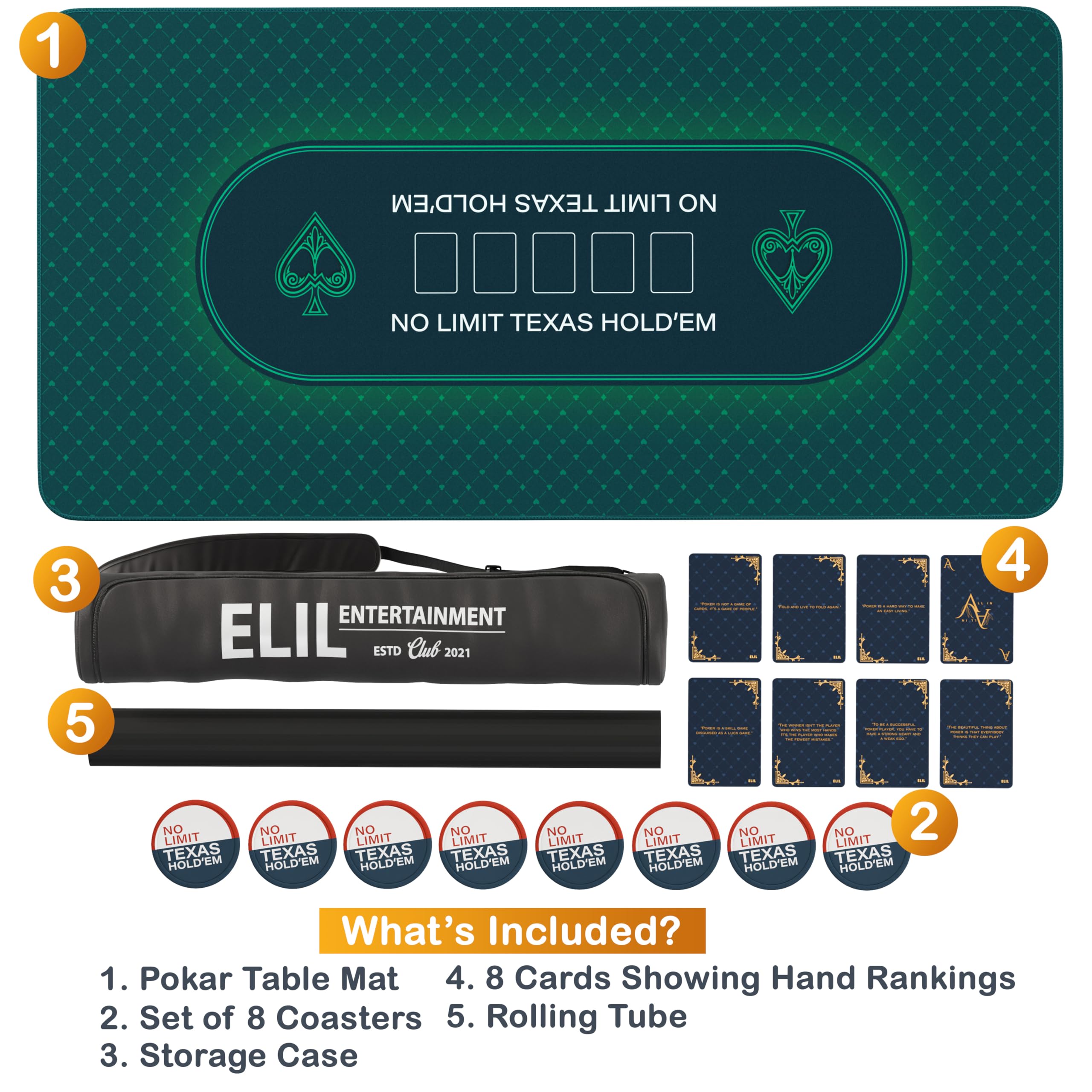 Elil - Tapis de Poker | Plateau de Table de Poker Pliable pour Une Installation Facile | Plateau de Table de Poker Portable | Idéal pour Les Jeux à Domicile | pour 8 à 10 Joueurs (Vert Classique)