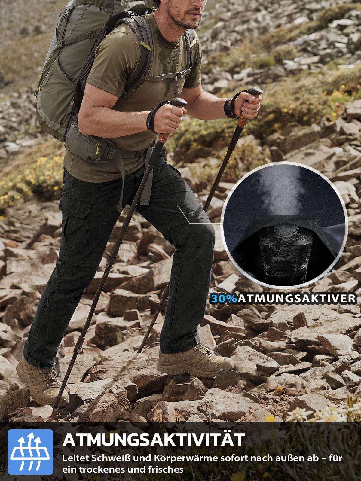 Hiauspor Męskie spodnie outdoorowe z zamkiem błyskawicznym, na lato, lekkie spodnie trekkingowe, oddychające, szybkoschnące, funkcyjne, softshell z 5 głębokimi kieszeniami