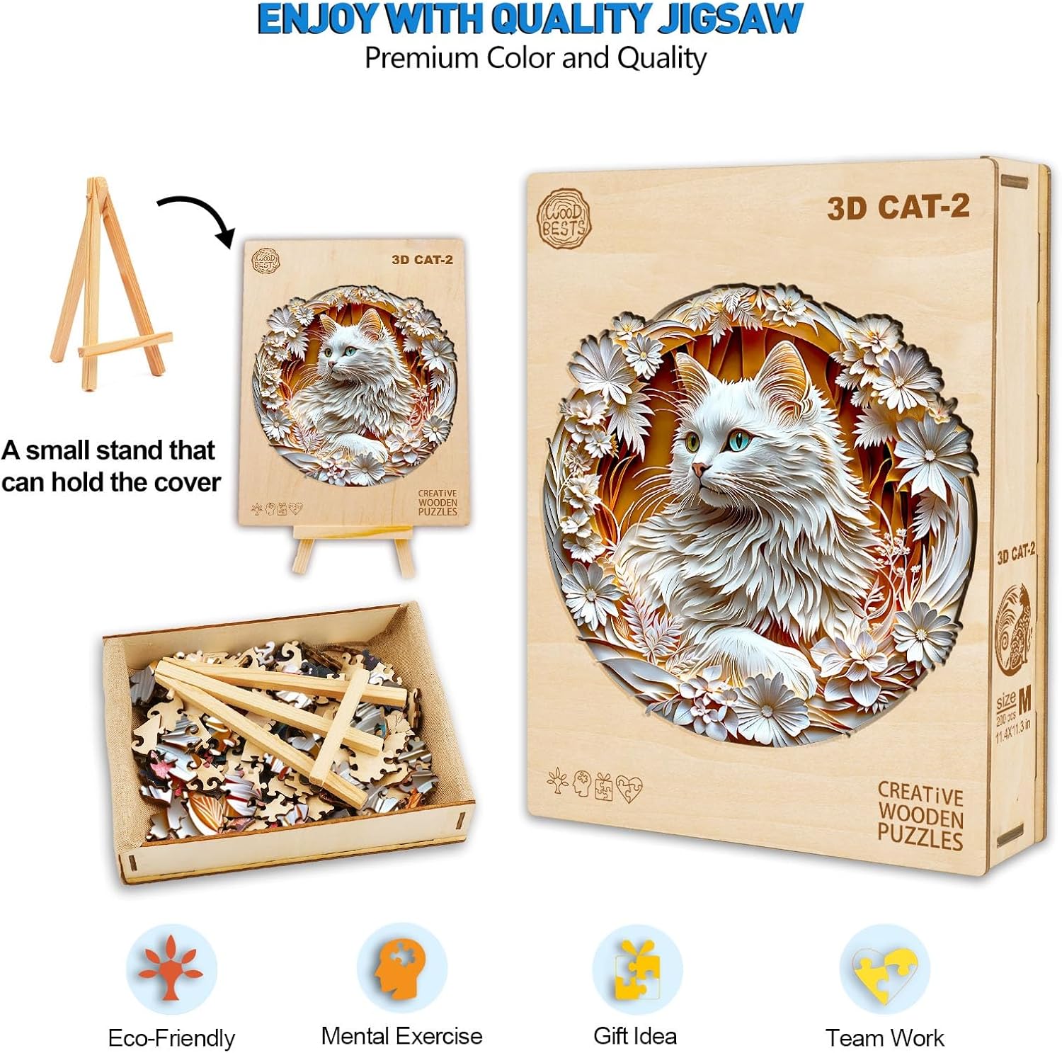 Wooden Puzzles for Adults, Wooden Cat Puzzles, Flat Puzzles with 3D Visual Effect When Completed, Unique Puzzles Gifts for Women Men (M-11.4 * 11.3in 200pcs)